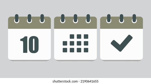 Establecer el calendario de páginas de iconos vectoriales - número 10, marca hecha, aplicación agenda. Marcar negocio, fecha límite, icono de fecha. Pictograma sí, éxito, comprobación, aprobación, confirmación y recordatorio. Fecha programada diez