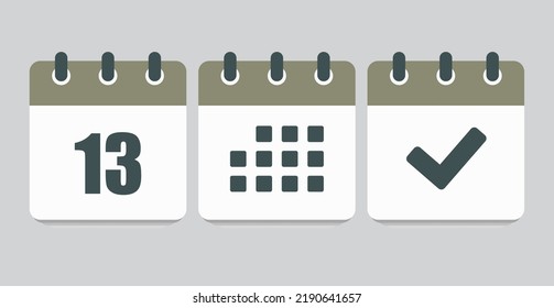 Set vector icons page calendar - number 13, mark done, agenda app. Mark business, deadline, date icon. Pictogram yes, success, check, approved, confirm and reminder. Date schedule thirteen