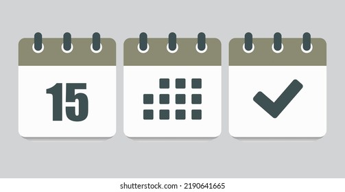 Set vector icons page calendar - number 15, mark done, agenda app. Mark business, deadline, date icon. Pictogram yes, success, check, approved, confirm and reminder. Date schedule fifteen