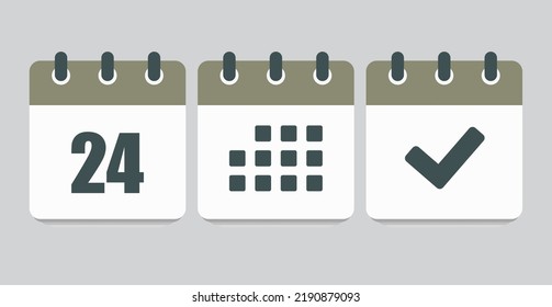 Set vector icons page calendar - number 24, mark done, agenda app. Mark business, deadline, date icon. Pictogram yes, success, check, approved, confirm and reminder. Date schedule twenty four