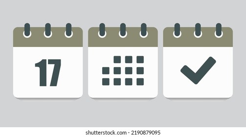 Establecer el calendario de páginas de iconos vectoriales - número 17, marca hecha, aplicación agenda. Marcar negocio, fecha límite, icono de fecha. Pictograma sí, éxito, comprobación, aprobación, confirmación y recordatorio. Calendario diecisiete