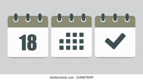 Set vector icons page calendar - number 18, mark done, agenda app. Mark business, deadline, date icon. Pictogram yes, success, check, approved, confirm and reminder. Date schedule eighteen