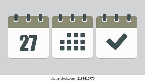 Establecer el calendario de la página de iconos vectoriales - número 27, marca hecha, aplicación agenda. Marcar negocio, fecha límite, icono de fecha. Pictograma sí, éxito, comprobación, aprobación, confirmación y recordatorio. Calendario 227