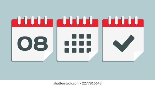Set vector icons page calendar - day 8, mark done, agenda app. Mark business, deadline, date icon. Pictogram yes, success, check, approved, confirm and reminder. Date schedule