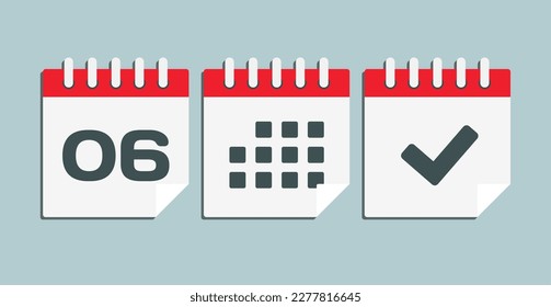 Set vector icons page calendar - day 6, mark done, agenda app. Mark business, deadline, date icon. Pictogram yes, success, check, approved, confirm and reminder. Date schedule