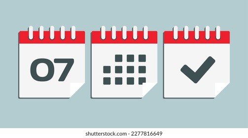 Set vector icons page calendar - day 7, mark done, agenda app. Mark business, deadline, date icon. Pictogram yes, success, check, approved, confirm and reminder. Date schedule