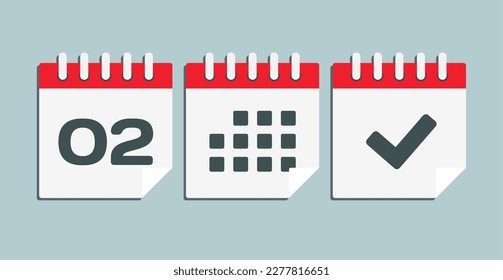 Set vector icons page calendar - day 2, mark done, agenda app. Mark business, deadline, date icon. Pictogram yes, success, check, approved, confirm and reminder. Date schedule