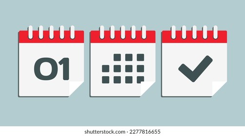 Set vector icons page calendar - day 1, mark done, agenda app. Mark business, deadline, date icon. Pictogram yes, success, check, approved, confirm and reminder. Date schedule one