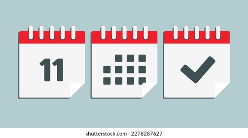 Set vector icons page calendar - day 11, mark done, agenda app. Mark business, deadline, date icon. Pictogram yes, success, check, approved, confirm and reminder. Date schedule