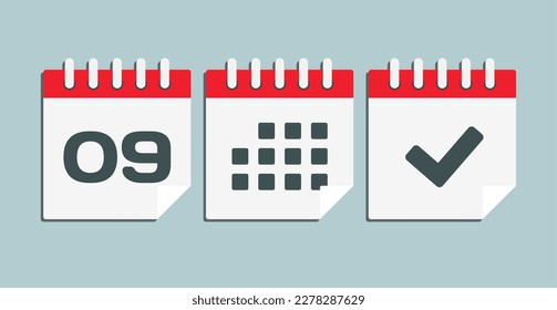 Set vector icons page calendar - day 9, mark done, agenda app. Mark business, deadline, date icon. Pictogram yes, success, check, approved, confirm and reminder. Date schedule
