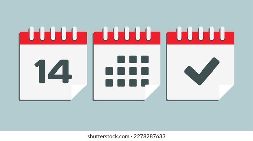 Set vector icons page calendar - day 14, mark done, agenda app. Mark business, deadline, date icon. Pictogram yes, success, check, approved, confirm and reminder. Date schedule