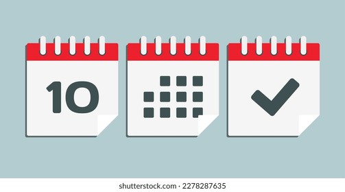 Set vector icons page calendar - day 10, mark done, agenda app. Mark business, deadline, date icon. Pictogram yes, success, check, approved, confirm and reminder. Date schedule