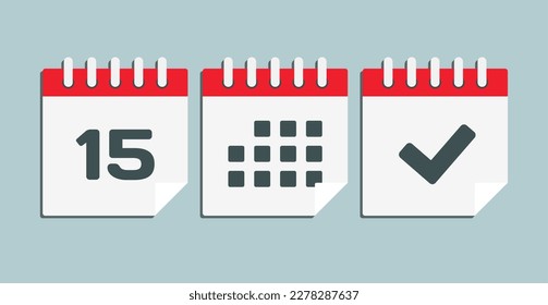 Stellen Sie Vektorsymbol-Kalender - Tag 15, markieren fertig, Agenda-App. Markieren Sie Business, Deadline, Datumssymbol. Piktogramm ja, Erfolg, Prüfung, Genehmigung, Bestätigung und Erinnerung. Datumsschema