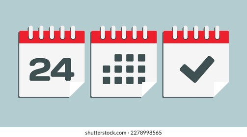 Set vector icons page calendar - day 24, mark done, agenda app. Mark business, deadline, date icon. Pictogram yes, success, check, approved, confirm and reminder. Date schedule