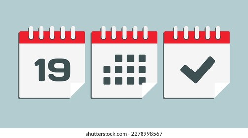 Set vector icons page calendar - day 19, mark done, agenda app. Mark business, deadline, date icon. Pictogram yes, success, check, approved, confirm and reminder. Date schedule