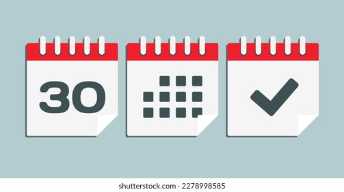 Set vector icons page calendar - day 30, mark done, agenda app. Mark business, deadline, date icon. Pictogram yes, success, check, approved, confirm and reminder. Date schedule