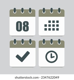 Establecer el calendario de la página de iconos vectoriales - día 8, marca hecha, aplicación de agenda, temporizador. Marcar negocio, fecha límite, icono de fecha. Pictograma sí, éxito, comprobación, aprobación, confirmación y recordatorio. Tiempo, cuenta atrás y recordatorio