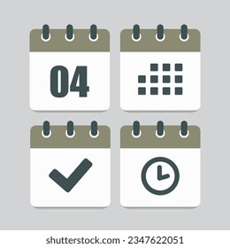 Stellen Sie Vektorsymbole auf der Seite Kalender - Tag 4, Markierung fertig, Agenda App, Timer. Markieren Sie Business, Deadline, Datumssymbol. Piktogramm ja, Erfolg, Prüfung, Genehmigung, Bestätigung und Erinnerung. Zeit, Countdown und Erinnerung