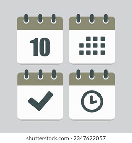 Set vector icons page calendar - day 10, mark done, agenda app, timer. Mark business, deadline, date icon. Pictogram yes, success, check, approved, confirm and reminder. Time, countdown and reminder