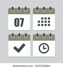 Set vector icons page calendar - day 7, mark done, agenda app, timer. Mark business, deadline, date icon. Pictogram yes, success, check, approved, confirm and reminder. Time, countdown and reminder
