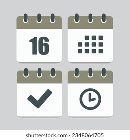 Establecer el calendario de la página de iconos vectoriales - día 16, marca hecha, aplicación de agenda, temporizador. Marcar negocio, fecha límite, icono de fecha. Pictograma sí, éxito, comprobación, aprobación, confirmación y recordatorio. Tiempo, cuenta atrás y recordatorio