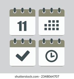Set vector icons page calendar - day 11, mark done, agenda app, timer. Mark business, deadline, date icon. Pictogram yes, success, check, approved, confirm and reminder. Time, countdown and reminder
