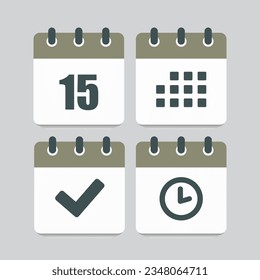Set vector icons page calendar - day 15, mark done, agenda app, timer. Mark business, deadline, date icon. Pictogram yes, success, check, approved, confirm and reminder. Time, countdown and reminder