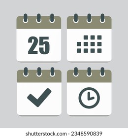 Set vector icons page calendar - day 25, mark done, agenda app, timer. Mark business, deadline, date icon. Pictogram yes, success, check, approved, confirm and reminder. Time, countdown and reminder