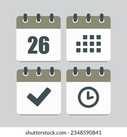 Set vector icons page calendar - day 26, mark done, agenda app, timer. Mark business, deadline, date icon. Pictogram yes, success, check, approved, confirm and reminder. Time, countdown and reminder