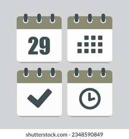 Set vector icons page calendar - day 29, mark done, agenda app, timer. Mark business, deadline, date icon. Pictogram yes, success, check, approved, confirm and reminder. Time, countdown and reminder