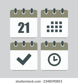 Set vector icons page calendar - day 21, mark done, agenda app, timer. Mark business, deadline, date icon. Pictogram yes, success, check, approved, confirm and reminder. Time, countdown and reminder