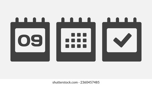 Establecer el calendario de la página de iconos vectoriales - día 9, marca hecha, aplicación agenda. Marcar negocio, fecha límite, icono de fecha. Pictograma sí, éxito, comprobación, aprobación, confirmación y recordatorio. Calendario de fechas