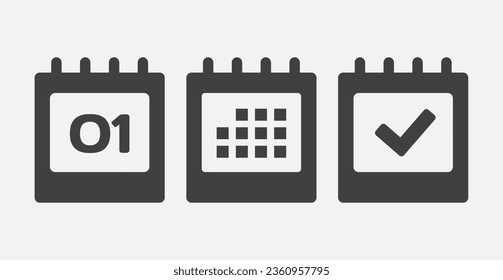 Set vector icons page calendar - day 1, mark done, agenda app. Mark business, deadline, date icon. Pictogram yes, success, check, approved, confirm and reminder. Date schedule