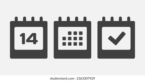 Set vector icons page calendar - day 14, mark done, agenda app. Mark business, deadline, date icon. Pictogram yes, success, check, approved, confirm and reminder. Date schedule