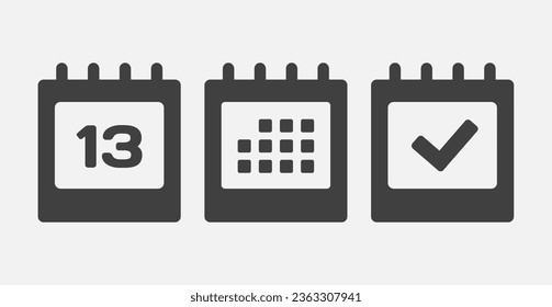 Set vector icons page calendar - day 13, mark done, agenda app. Mark business, deadline, date icon. Pictogram yes, success, check, approved, confirm and reminder. Date schedule