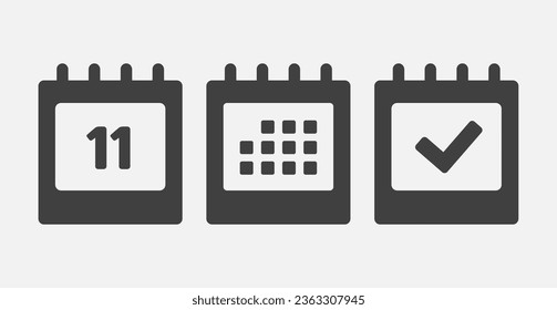 Set vector icons page calendar - day 11, mark done, agenda app. Mark business, deadline, date icon. Pictogram yes, success, check, approved, confirm and reminder. Date schedule