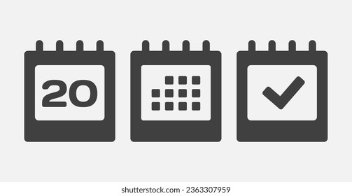 Set vector icons page calendar - day 20, mark done, agenda app. Mark business, deadline, date icon. Pictogram yes, success, check, approved, confirm and reminder. Date schedule