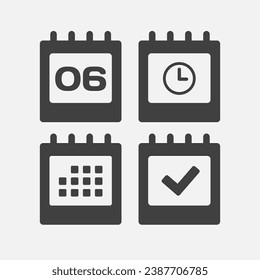 Set vector icons page calendar - day 6, mark done, agenda app, timer. Mark business, deadline, date icon. Pictogram yes, success, check, approved, confirm and reminder. Time, countdown and reminder