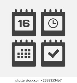 Establecer el calendario de la página de iconos vectoriales - día 16, marca hecha, aplicación de agenda, temporizador. Marcar negocio, fecha límite, icono de fecha. Pictograma sí, éxito, comprobación, aprobación, confirmación y recordatorio. Tiempo, cuenta atrás y recordatorio