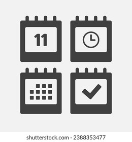 Set vector icons page calendar - day 11, mark done, agenda app, timer. Mark business, deadline, date icon. Pictogram yes, success, check, approved, confirm and reminder. Time, countdown and reminder