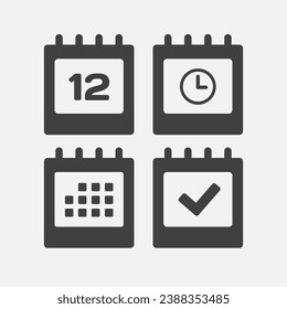Set vector icons page calendar - day 12, mark done, agenda app, timer. Mark business, deadline, date icon. Pictogram yes, success, check, approved, confirm and reminder. Time, countdown and reminder