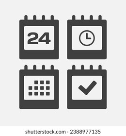 Establecer el calendario de la página de iconos vectoriales - día 24, marca hecha, aplicación de agenda, temporizador. Marcar negocio, fecha límite, icono de fecha. Pictograma sí, éxito, comprobación, aprobación, confirmación y recordatorio. Tiempo, cuenta atrás y recordatorio