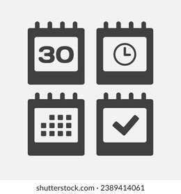 Set vector icons page calendar - day 30, mark done, agenda app, timer. Mark business, deadline, date icon. Pictogram yes, success, check, approved, confirm and reminder. Time, countdown and reminder