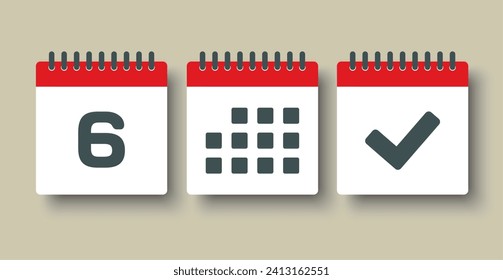 Set vector icons page calendar - day 6, mark done, agenda app. Mark business, deadline, date icon. Pictogram yes, success, check, approved, confirm and reminder. Date schedule