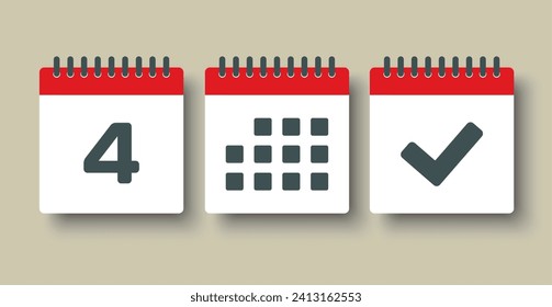 Set vector icons page calendar - day 4, mark done, agenda app. Mark business, deadline, date icon. Pictogram yes, success, check, approved, confirm and reminder. Date schedule