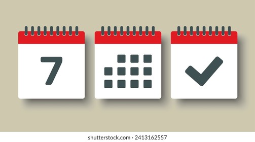 Set vector icons page calendar - day 7, mark done, agenda app. Mark business, deadline, date icon. Pictogram yes, success, check, approved, confirm and reminder. Date schedule