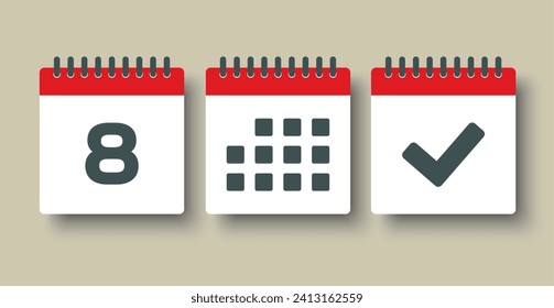 Set vector icons page calendar - day 8, mark done, agenda app. Mark business, deadline, date icon. Pictogram yes, success, check, approved, confirm and reminder. Date schedule