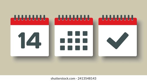 Establecer el calendario de la página de iconos vectoriales - día 14, marca hecha, aplicación agenda. Marcar negocio, fecha límite, icono de fecha. Pictograma sí, éxito, comprobación, aprobación, confirmación y recordatorio. Calendario de fechas