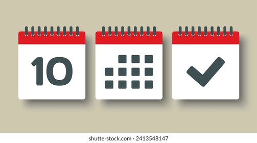 Set vector icons page calendar - day 10, mark done, agenda app. Mark business, deadline, date icon. Pictogram yes, success, check, approved, confirm and reminder. Date schedule