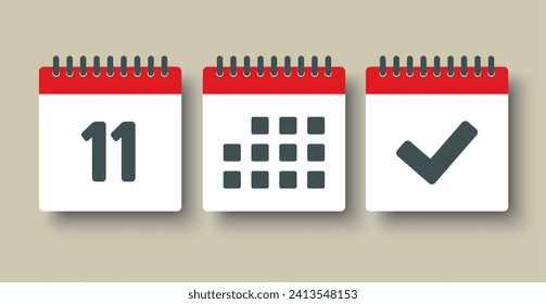 Stellen Sie Vektorsymbole auf der Seite Kalender ein - Tag 11, markieren Sie fertig, Agenda-App. Markieren Sie Business, Deadline, Datumssymbol. Piktogramm ja, Erfolg, Prüfung, Genehmigung, Bestätigung und Erinnerung. Datumsschema